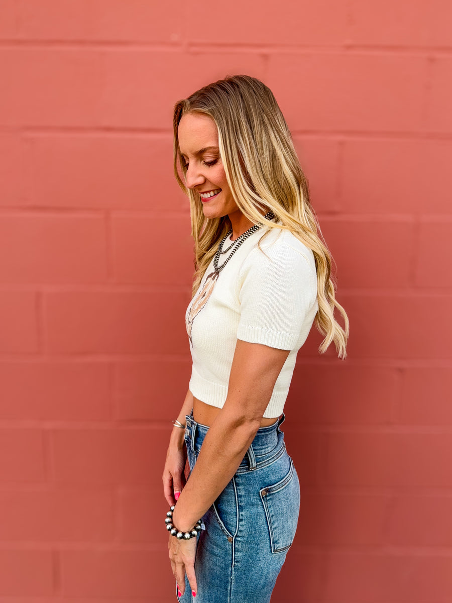 Cowboy Boot Cropped Knit Sweater