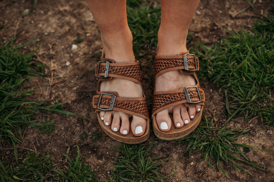 Tooled leather sandals