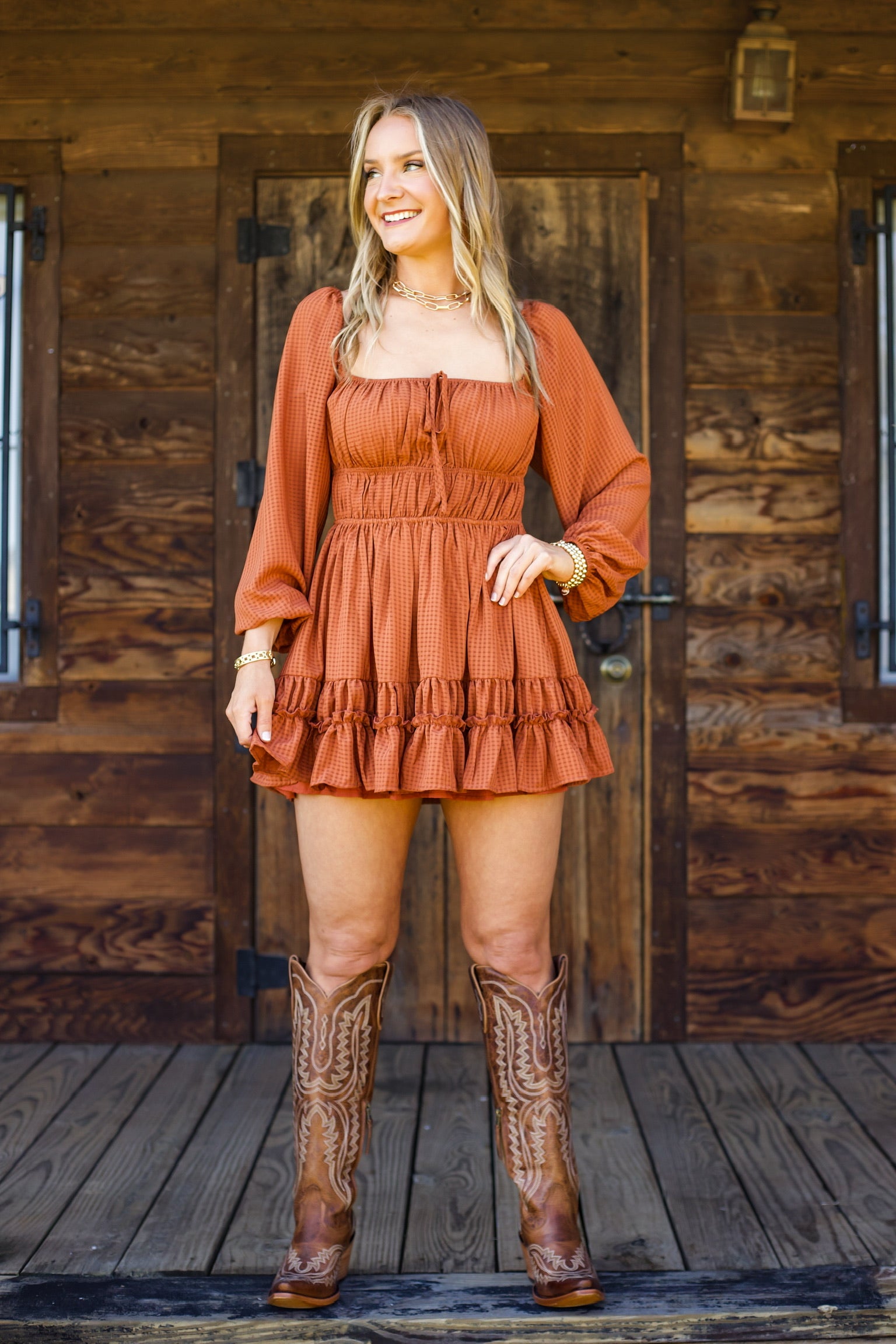 Rust Gingham Tiered Mini Dress