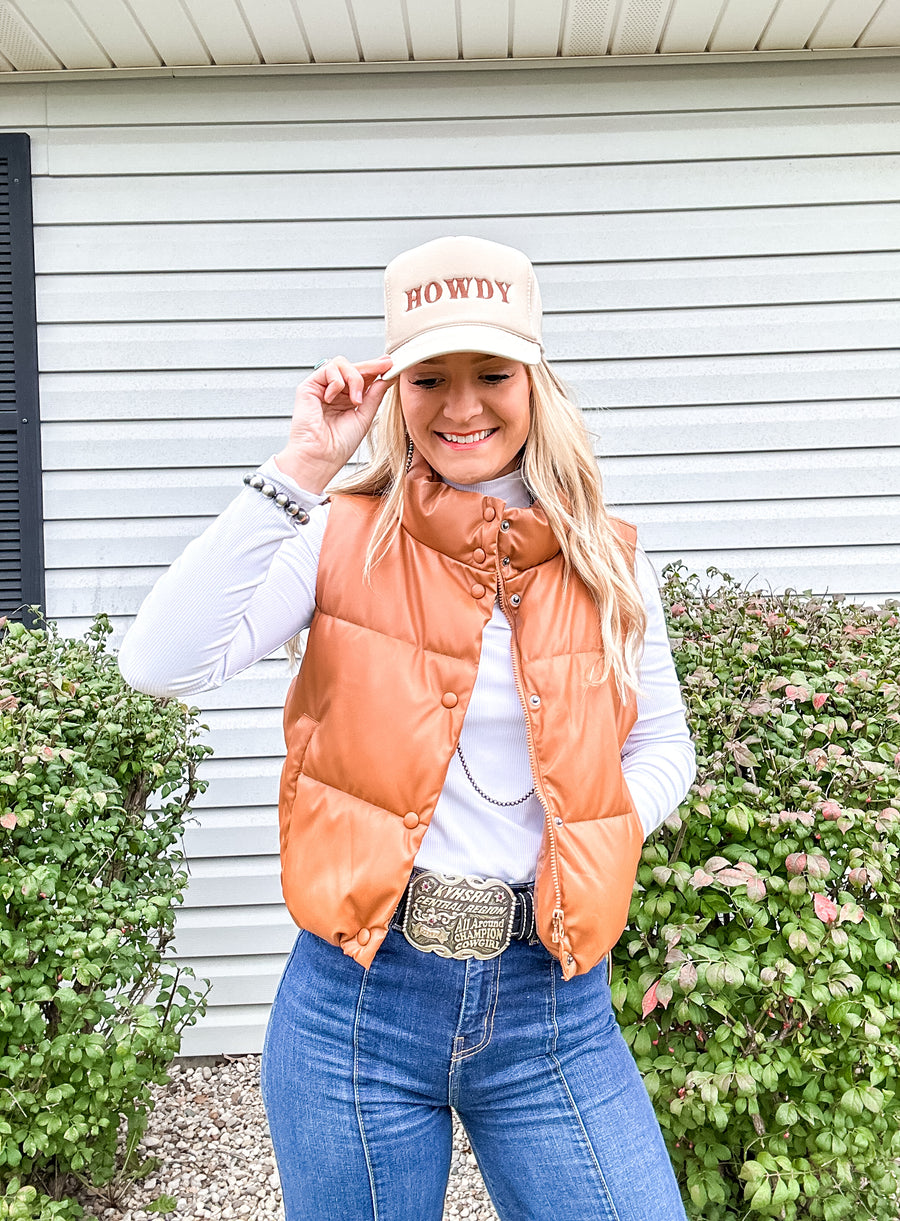 Faux leather puffer vest in Camel