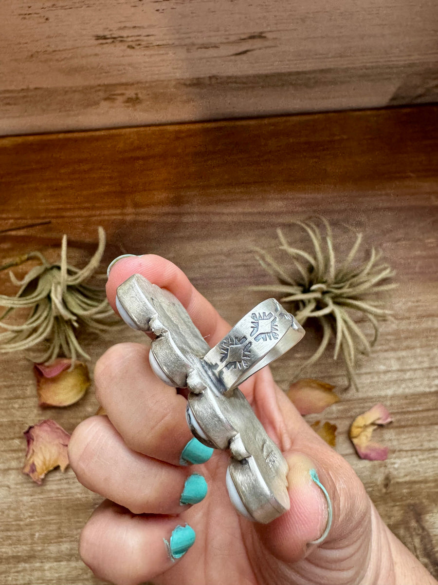 White Buffalo Turquoise Ring – 8-Stone Adjustable Long Statement Ring