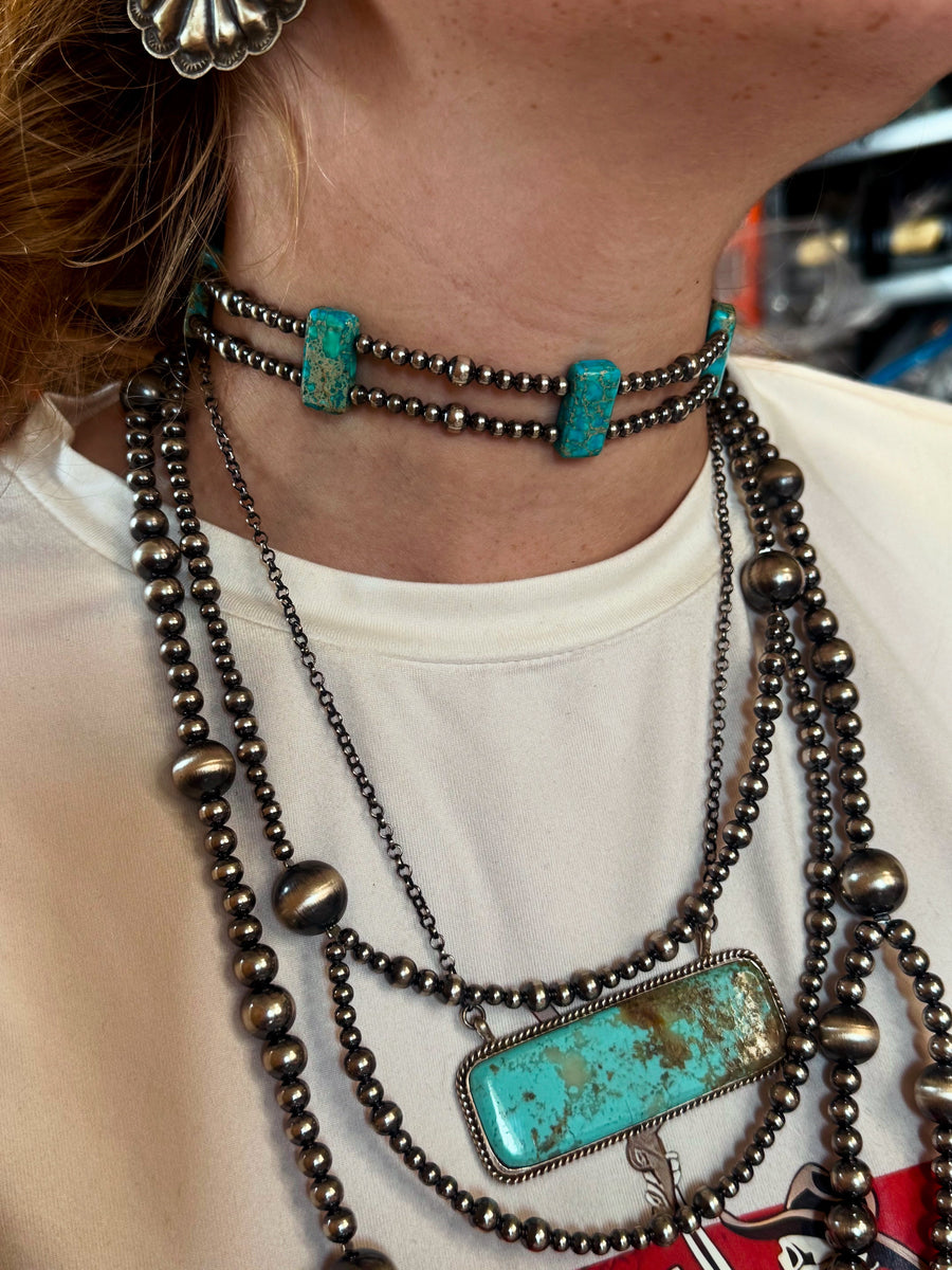 Navy Double Strand Necklace – 13” Beaded – Sterling Silver Pearls & Rectangle Variscite