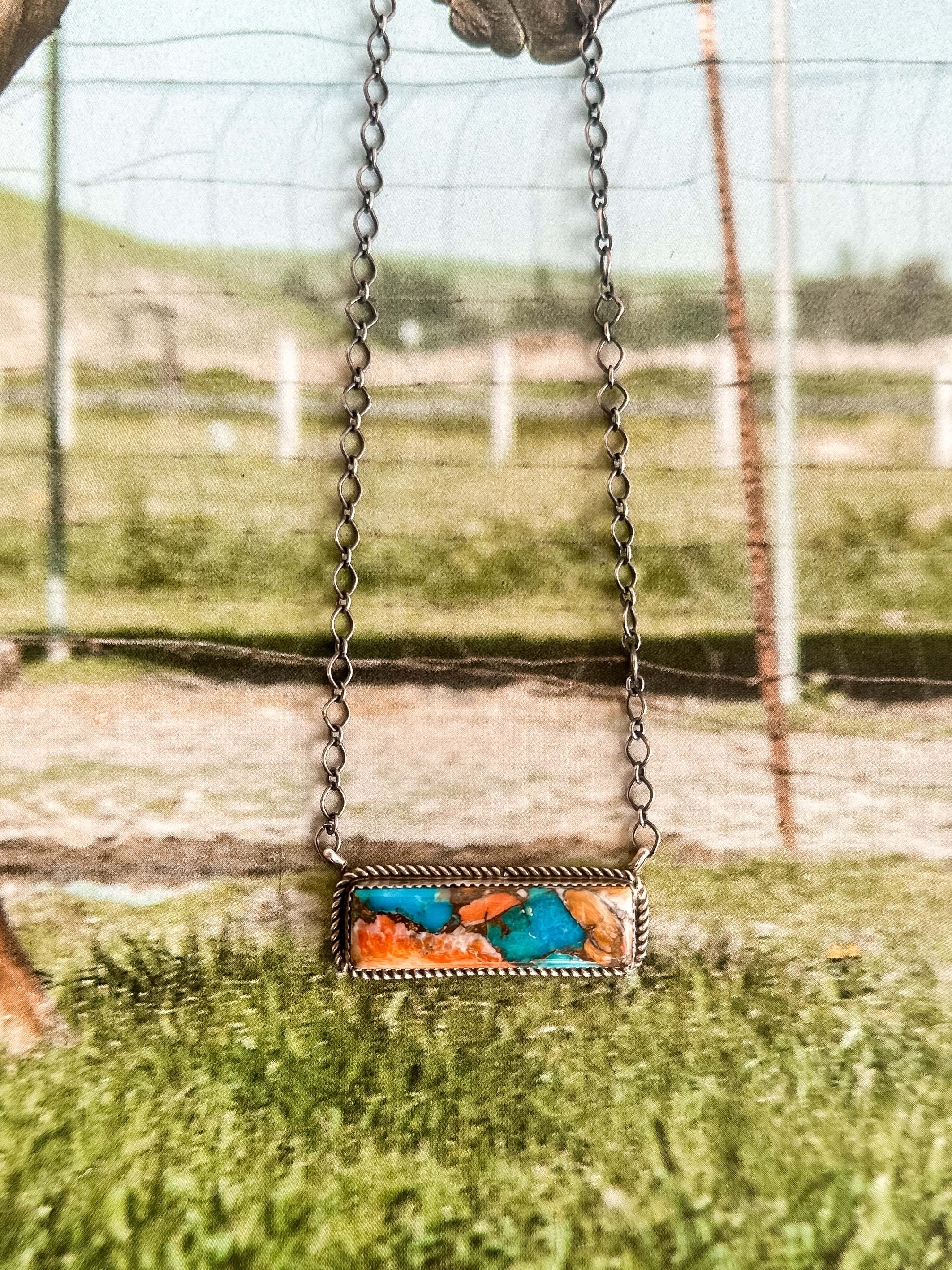 Navajo Handmade Spiny Turquoise Bar Chain Necklace