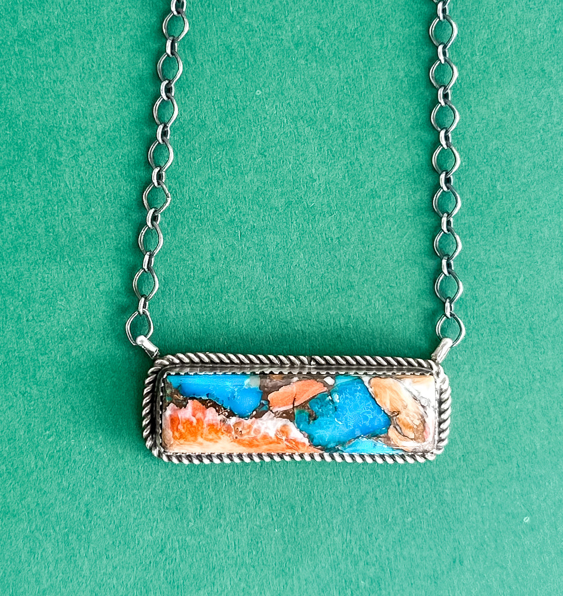 Navajo Handmade Spiny Turquoise Bar Chain Necklace