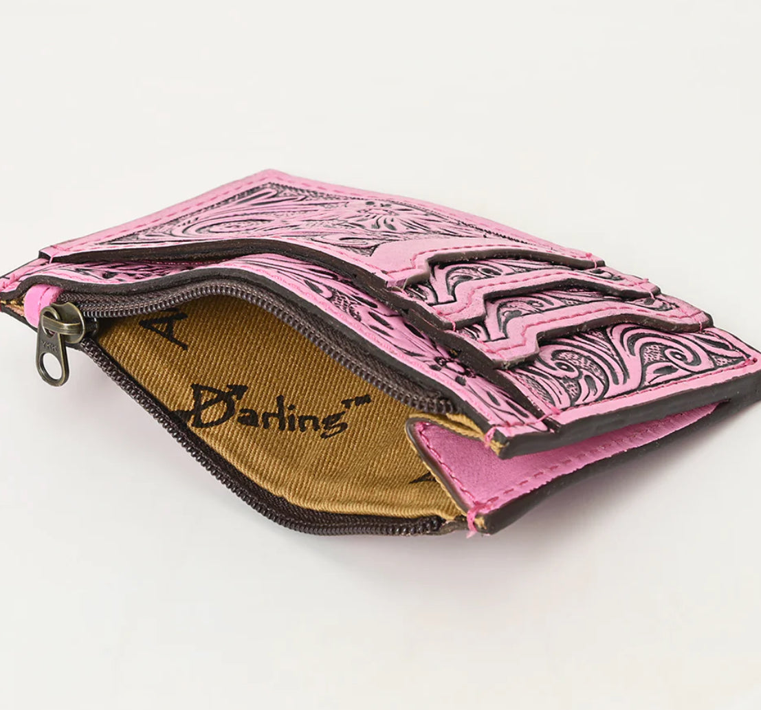 Pink Tooled Leather Cardholder Wallet