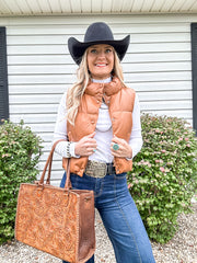 Faux leather puffer vest in Camel