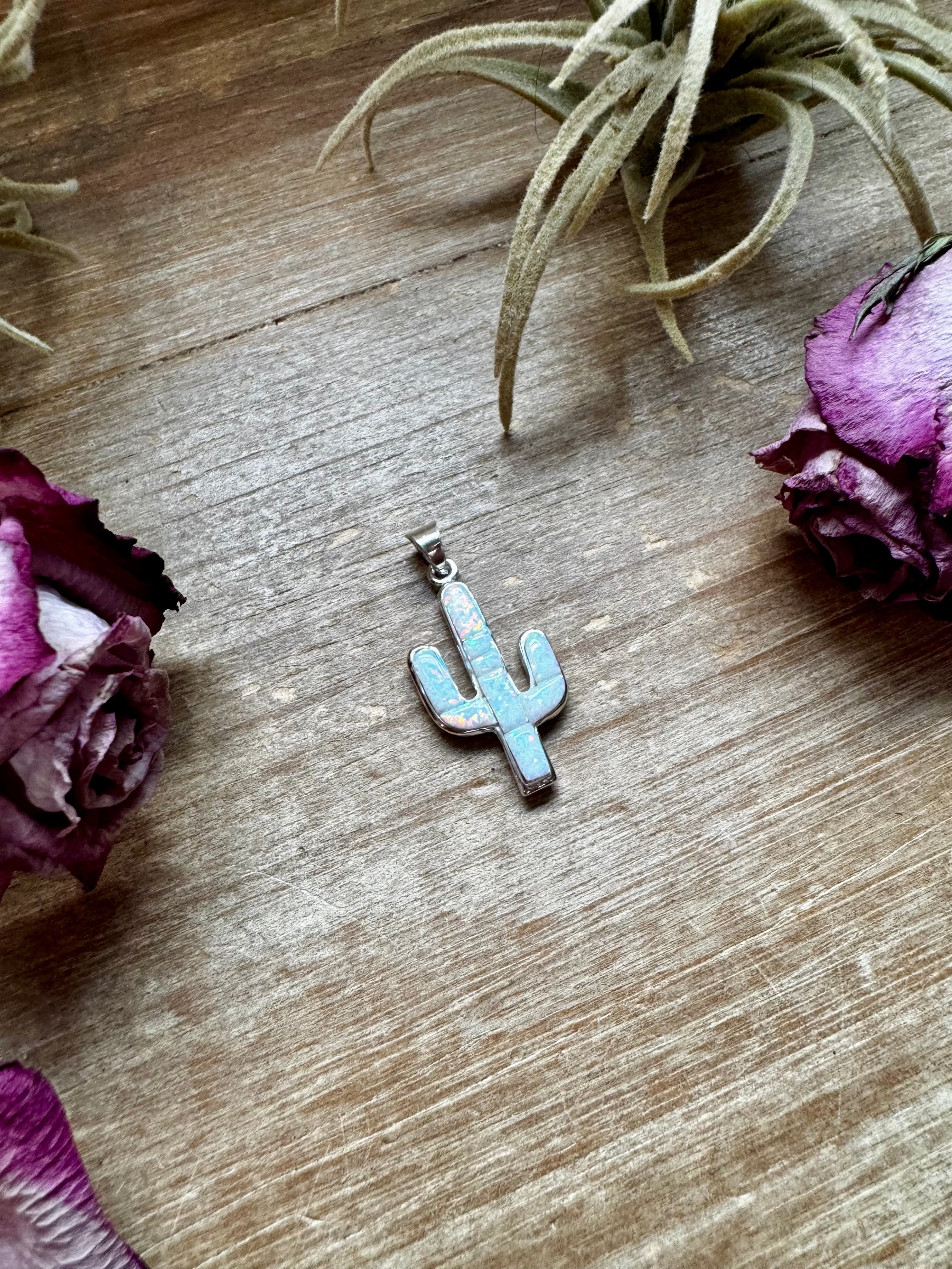 Cactus Pendant with White Opal – Sterling Silver – Fits 4mm Pearls