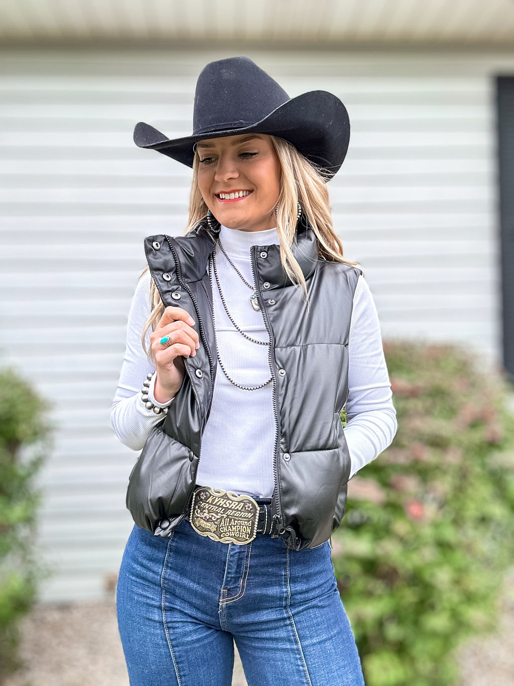 Faux Leather Puffer Vest Black