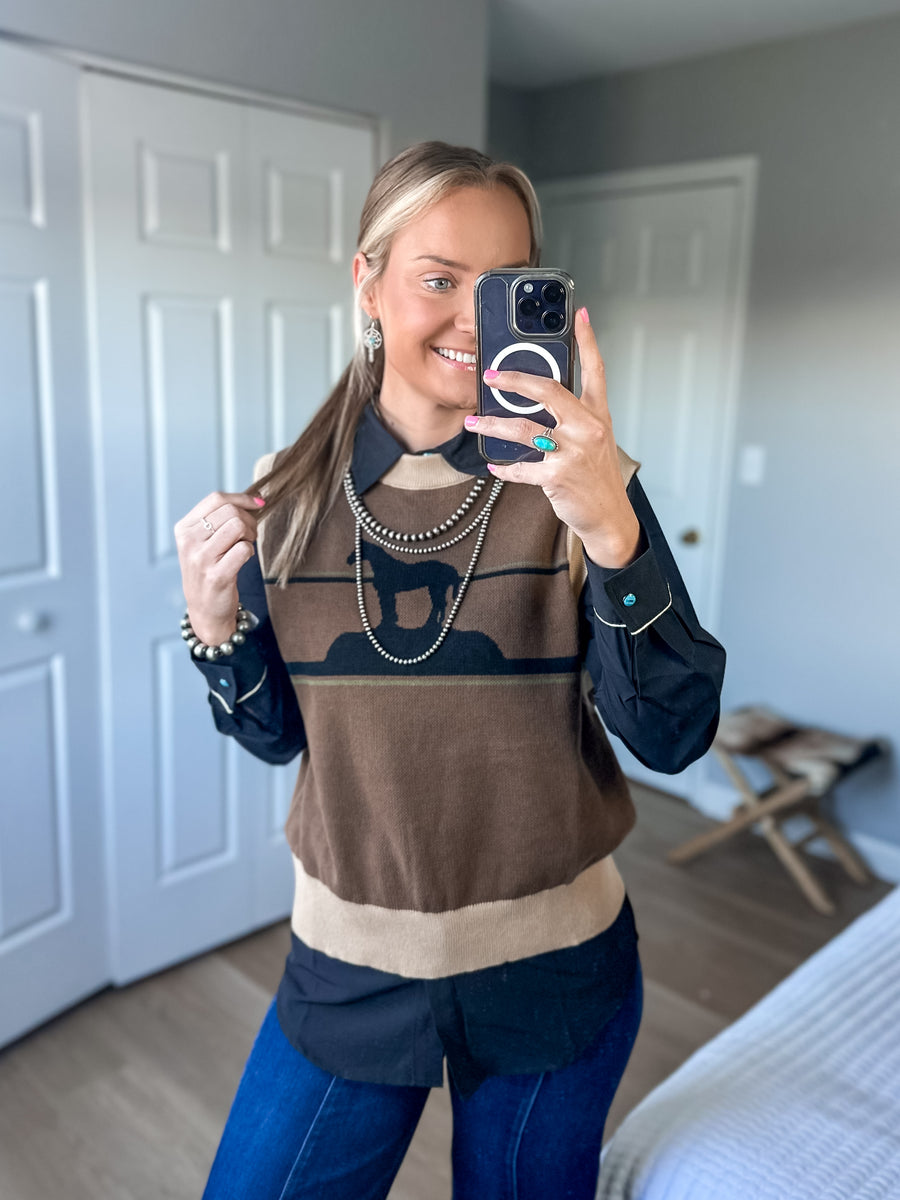 Brown sweater vest with horse on the front