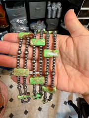 Green Double Strand Necklace – 13” Beaded – Sterling Silver Pearls & Rectangle Variscite