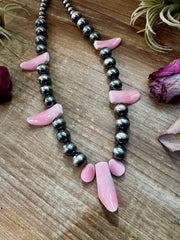 NFR Collection Necklace – 8mm & 14mm Sterling Silver Pearls with Pink Conch Shell – 23"