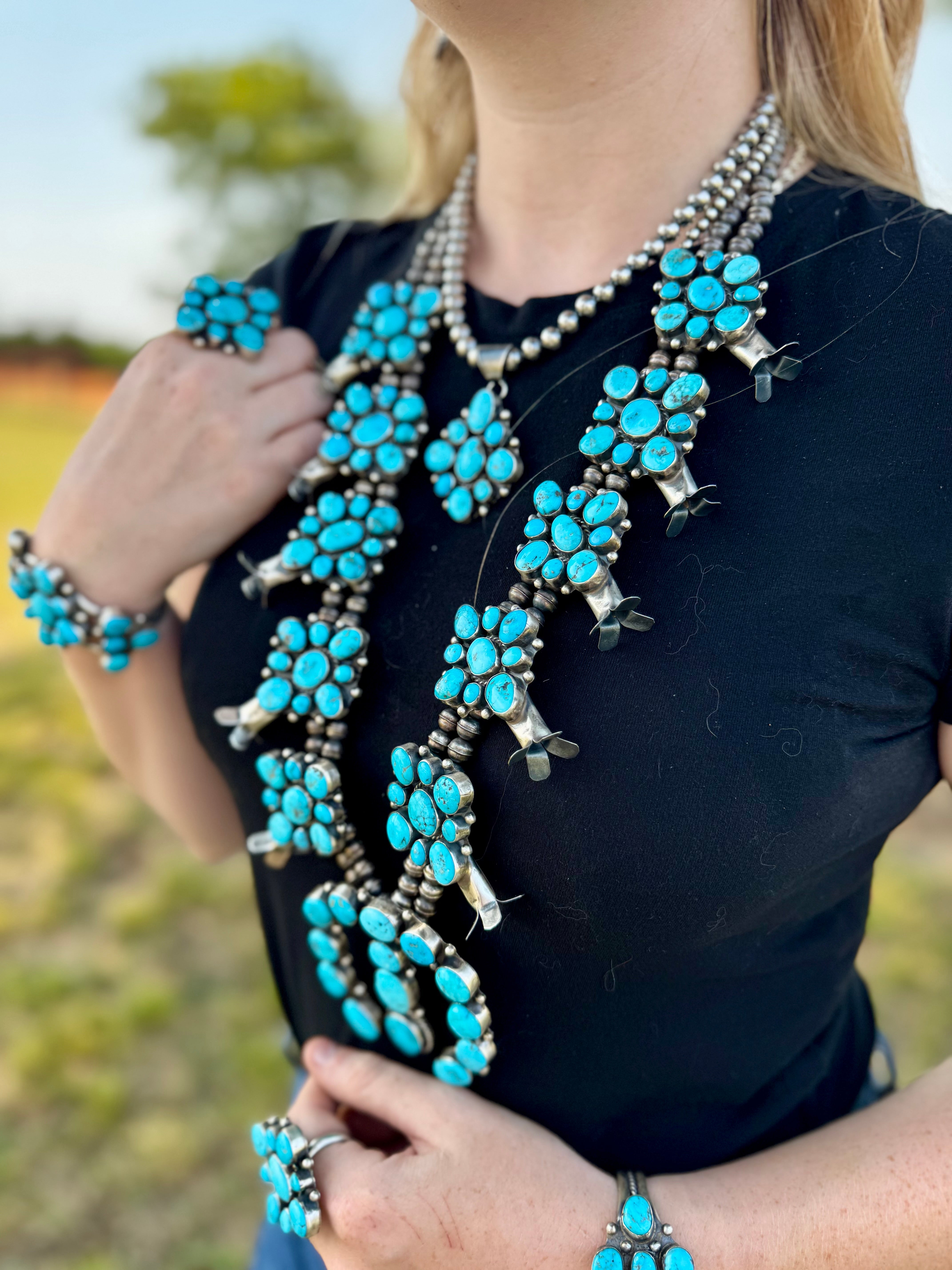 Complete Squash Blossom Set – Kingman Turquoise – Sterling Silver – Navajo Made by Wilson Dawes