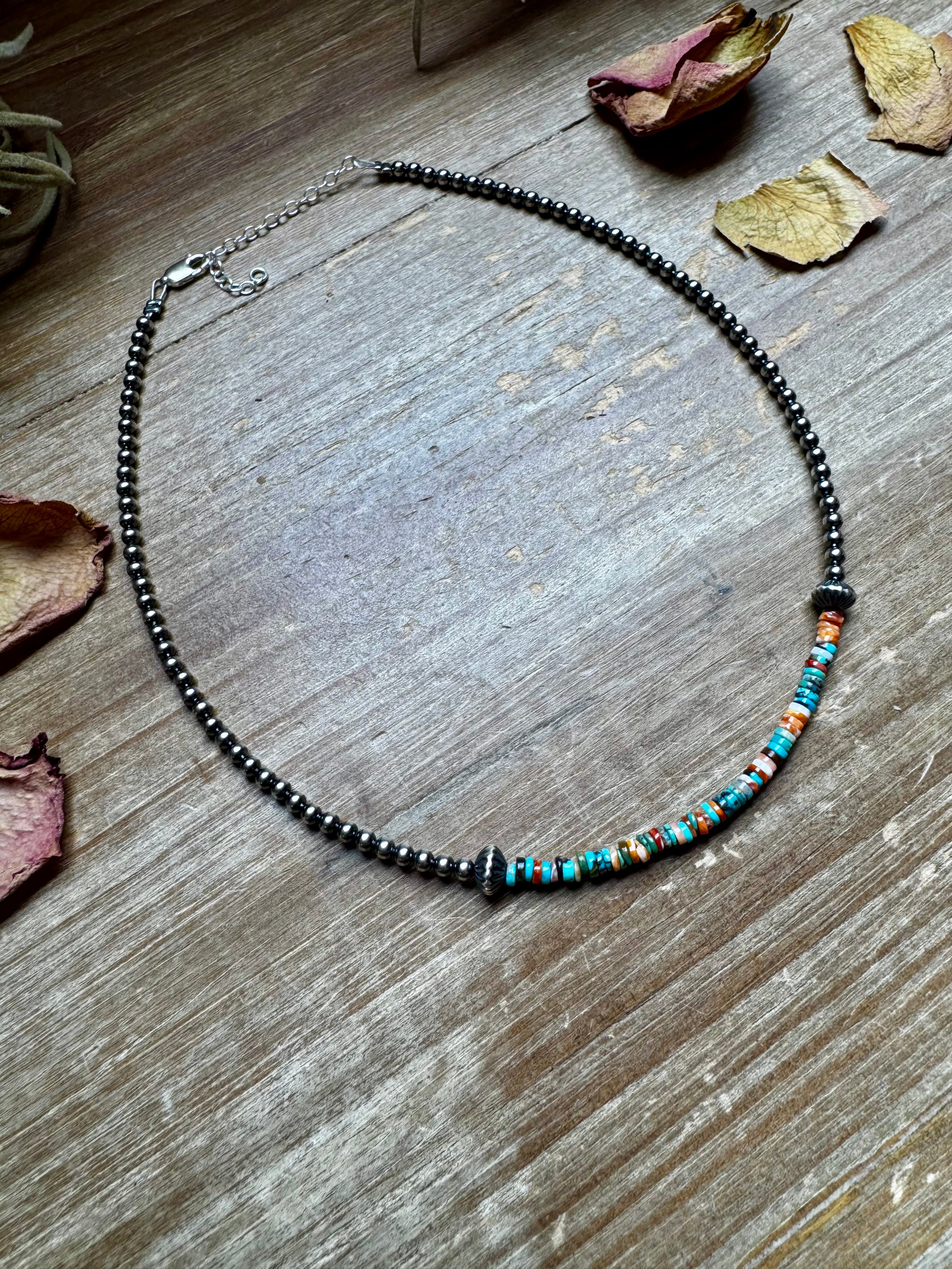 Sterling Silver Pearl Choker with Extra Turquoise & Spiny Oyster