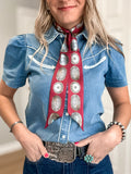 Deep red twilly scarf with concho