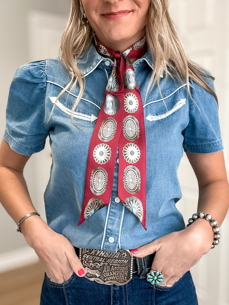 Deep red twilly scarf with concho