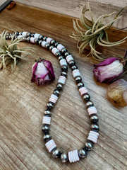 NFR Collection Necklace – 12mm Sterling Silver Pearls with 10mm Pink Conch Rondelles – Handmade by The Bijoux FAB – 30"