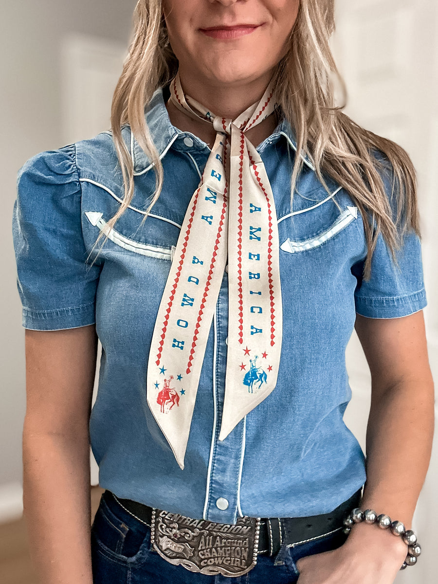 Patriotic twilly scarf with Howdy America text