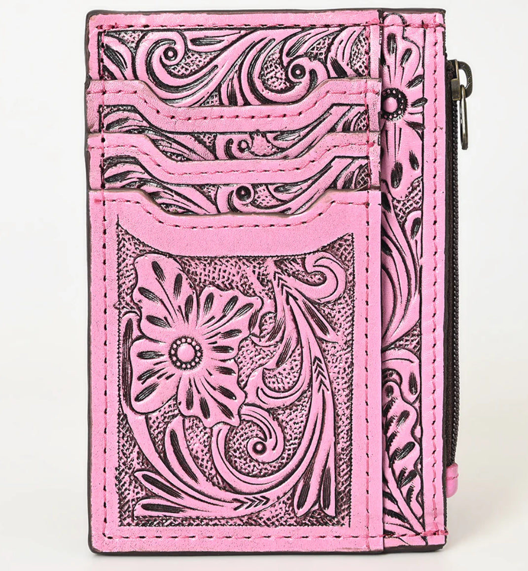Pink Tooled Leather Cardholder Wallet