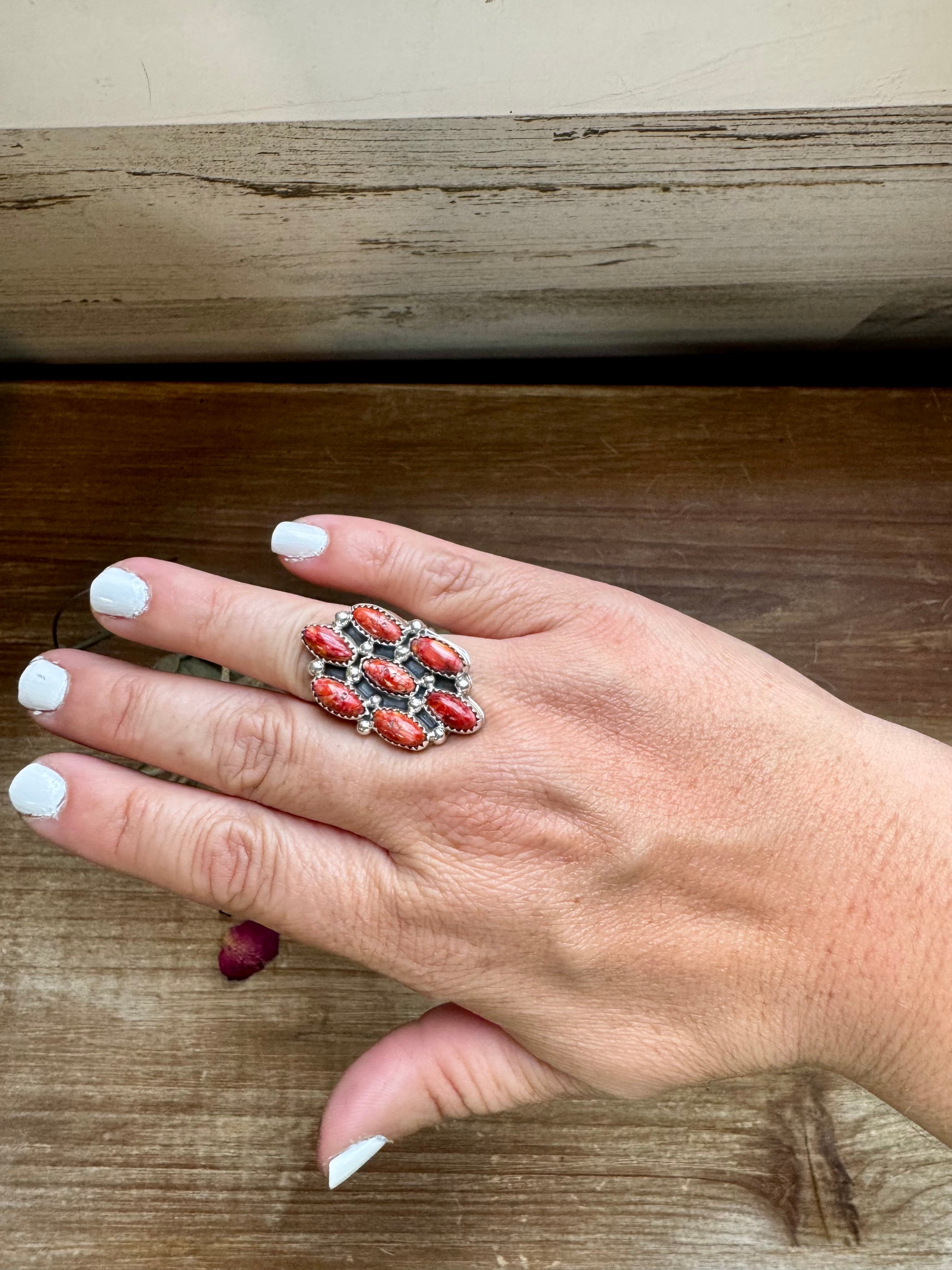 Cluster - size 8 - red spiny and sterling silver