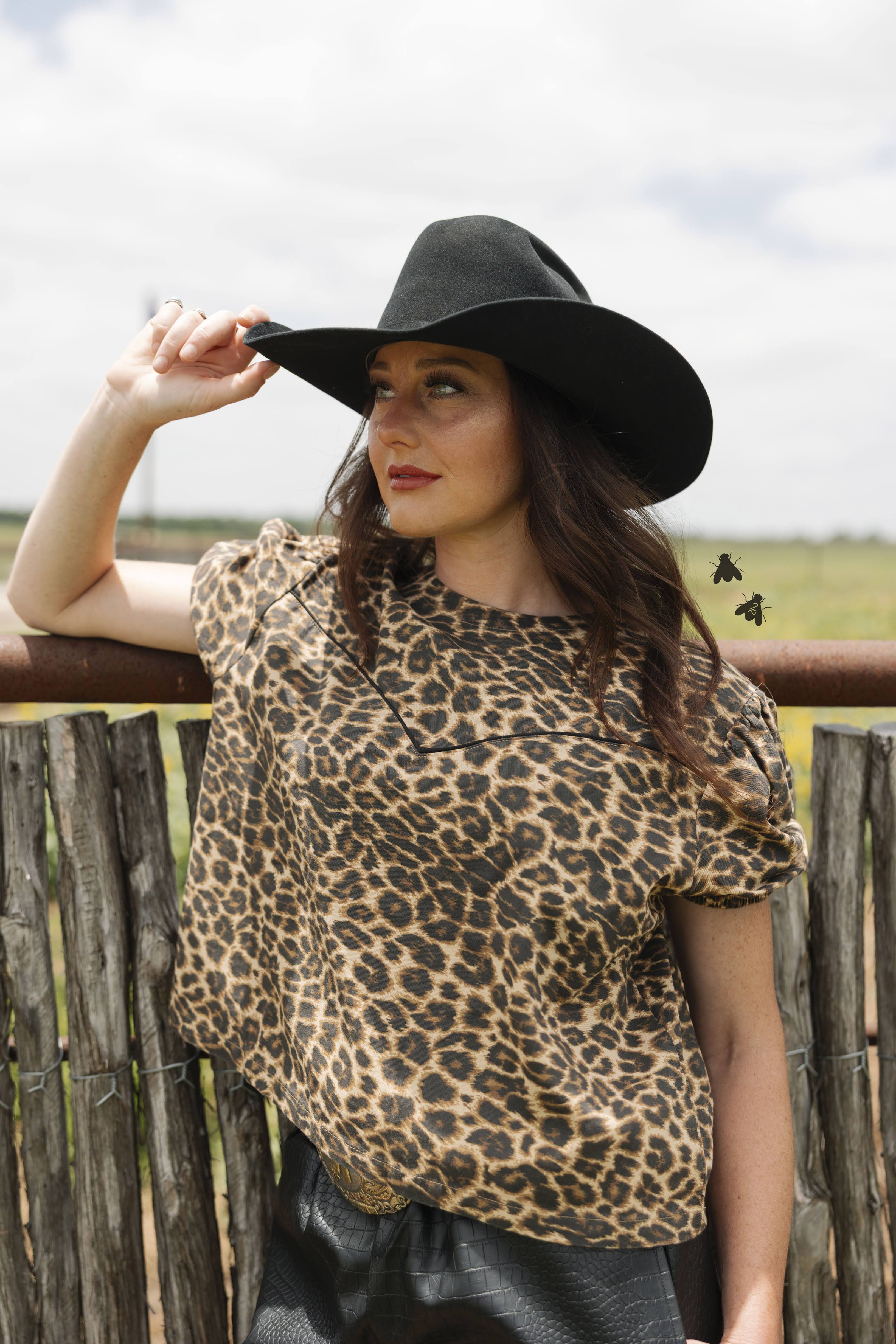Leopard western short sleeve top with poofy sleeves 