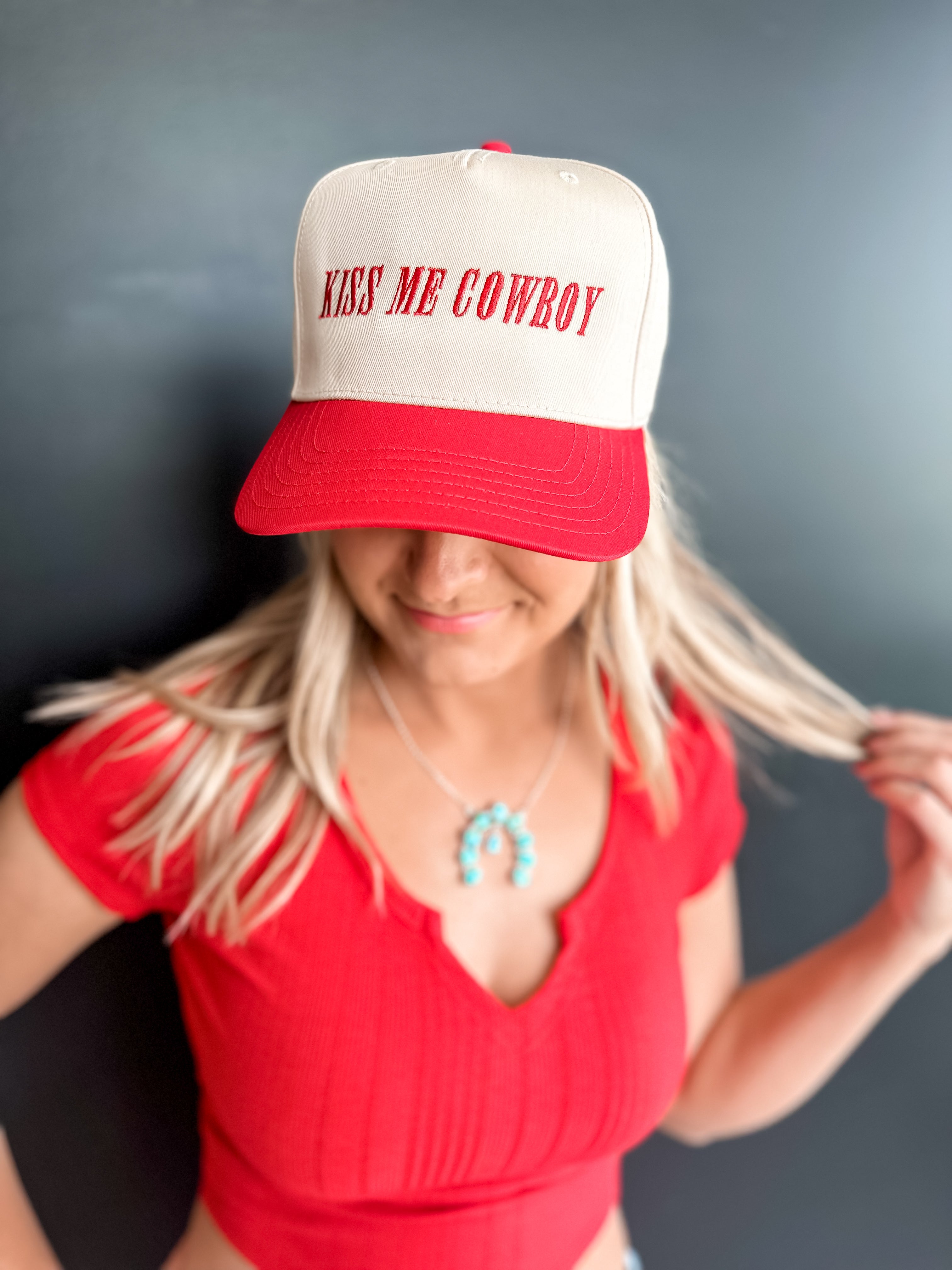 Kiss Me Cowboy Trucker Hat (Red)