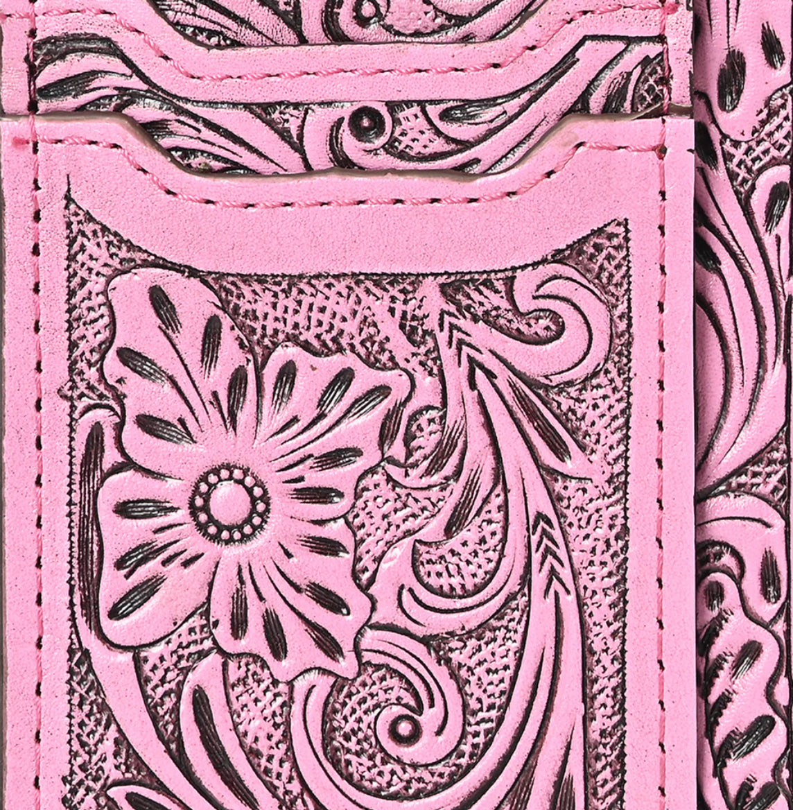 Pink Tooled Leather Cardholder Wallet