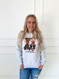 Grey crewneck sweatshirt with COWDOGS text and 4 dogs dressed as cowboys