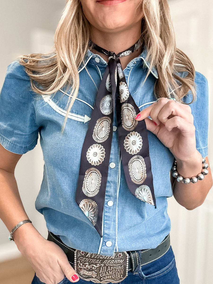 Black twilly scarf with concho pattern