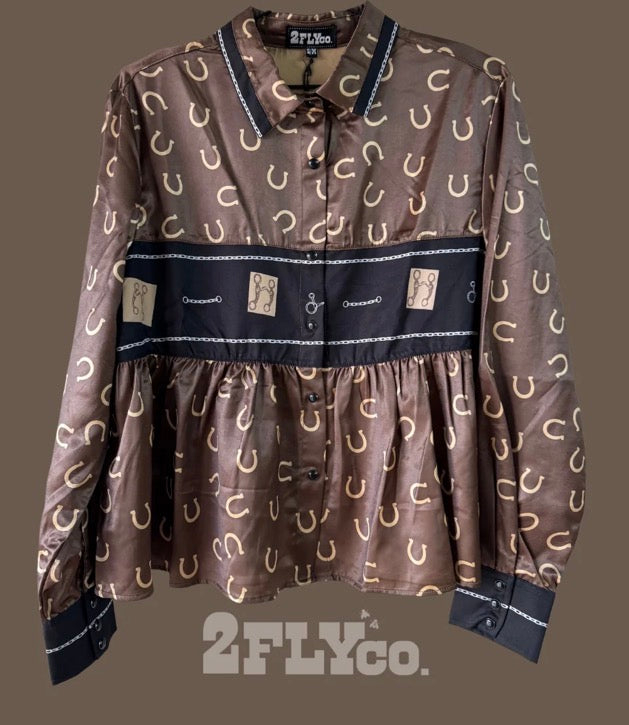 Flowy Long Sleeve Button Up With Horseshoe, chain link and bit designs.
