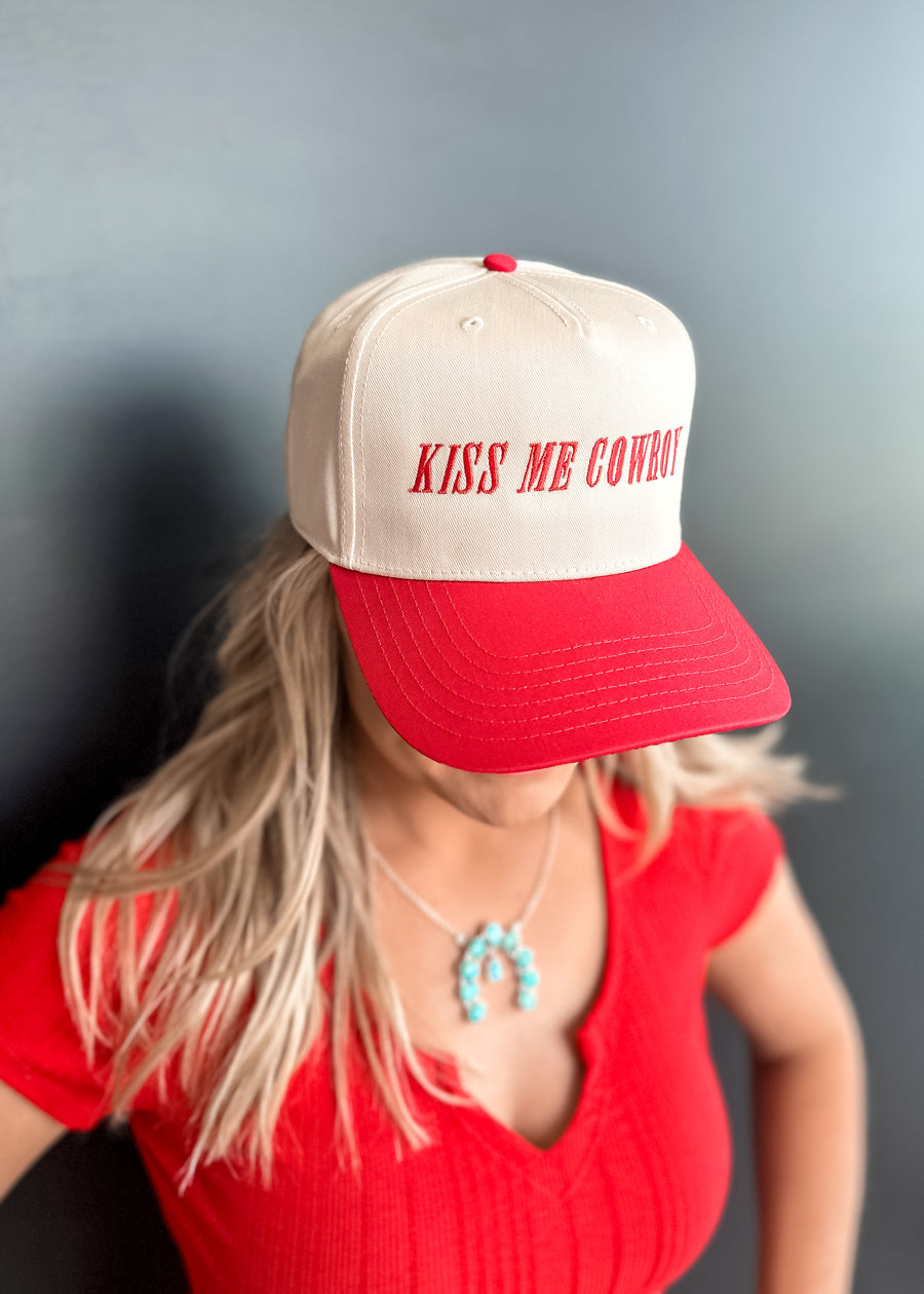 Kiss Me Cowboy Trucker Hat (Red)