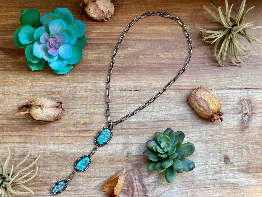 MJ 2 in 1 Three-Stone Turquoise Pendant & Handmade Paperclip Chain