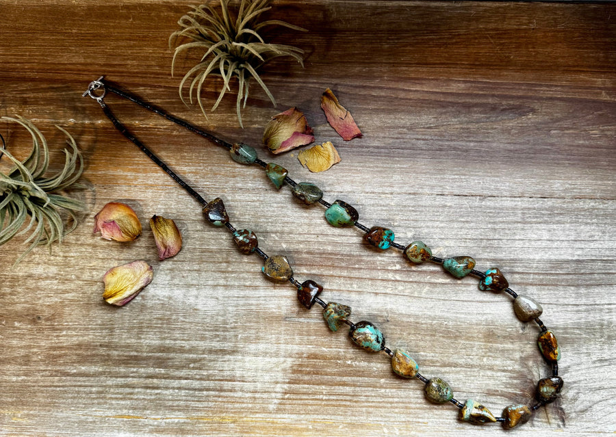 34-Inch Long Turquoise Nugget & Brown Shell Necklace