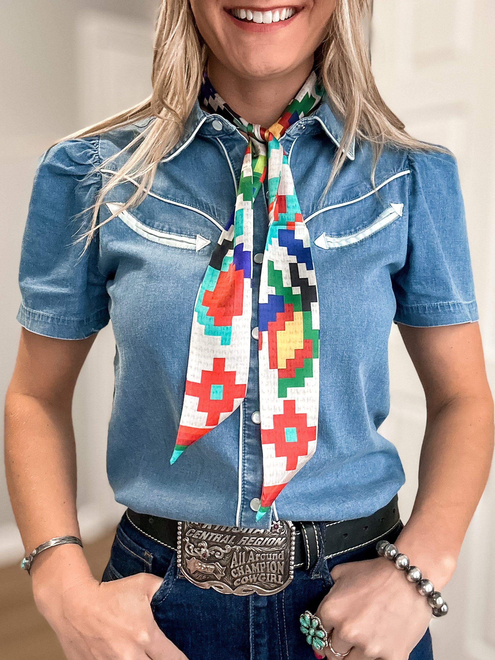 Colorful geometric design twilly scarf