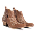 A pair of brown leather  Bootstitch pattern cowgirl booties.