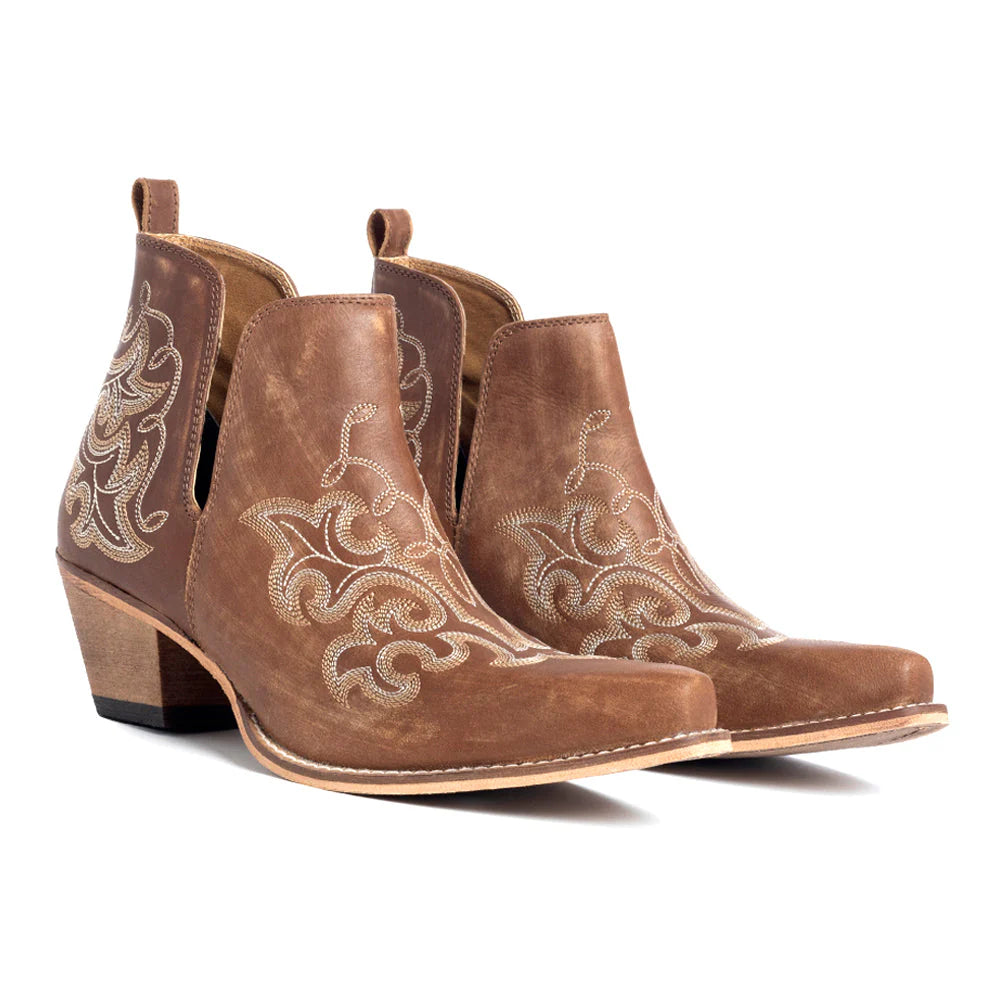 A pair of brown leather  Bootstitch pattern cowgirl booties.