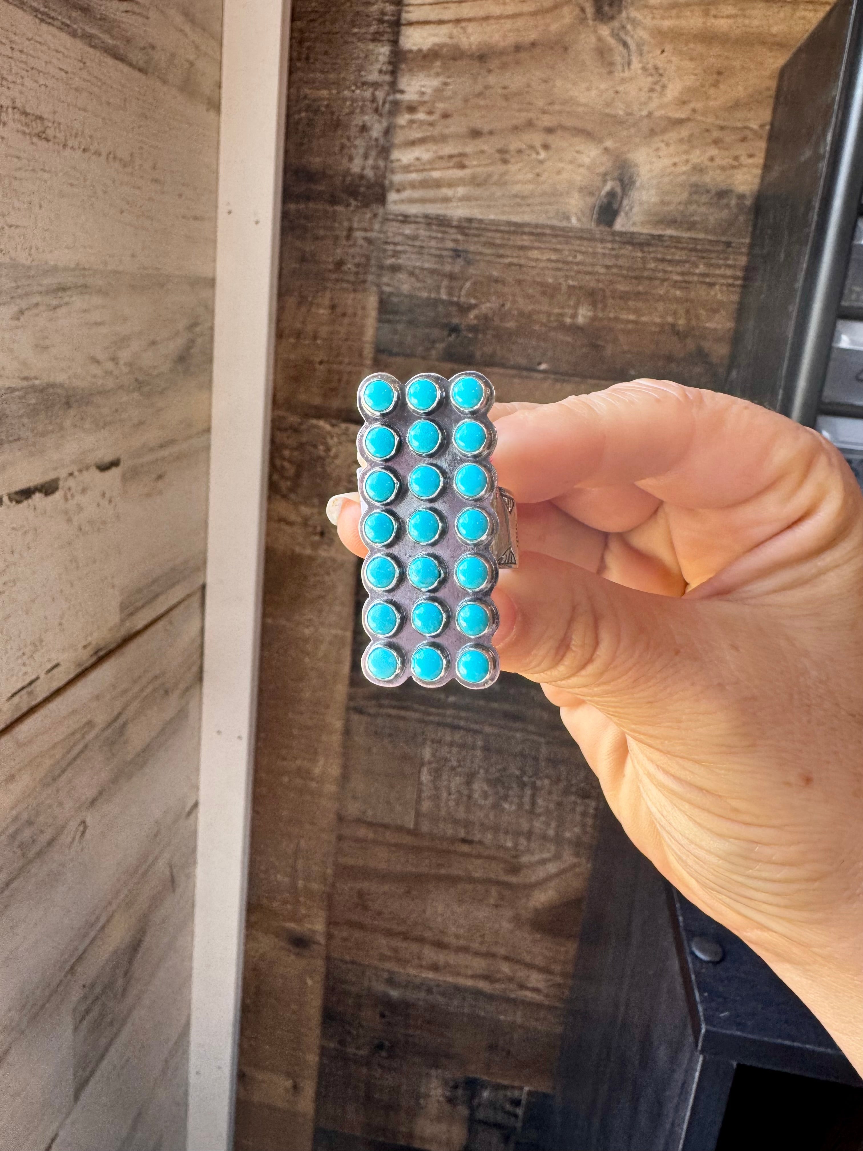 Adjustable Rectangle Ring with 21 Kingman Turquoise – Sterling Silver