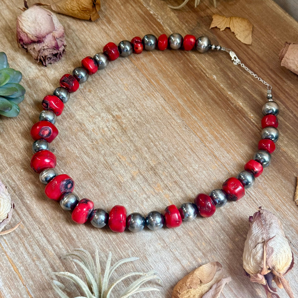 Graduated Dyed Red Coral & Sterling Silver Pearl Necklace