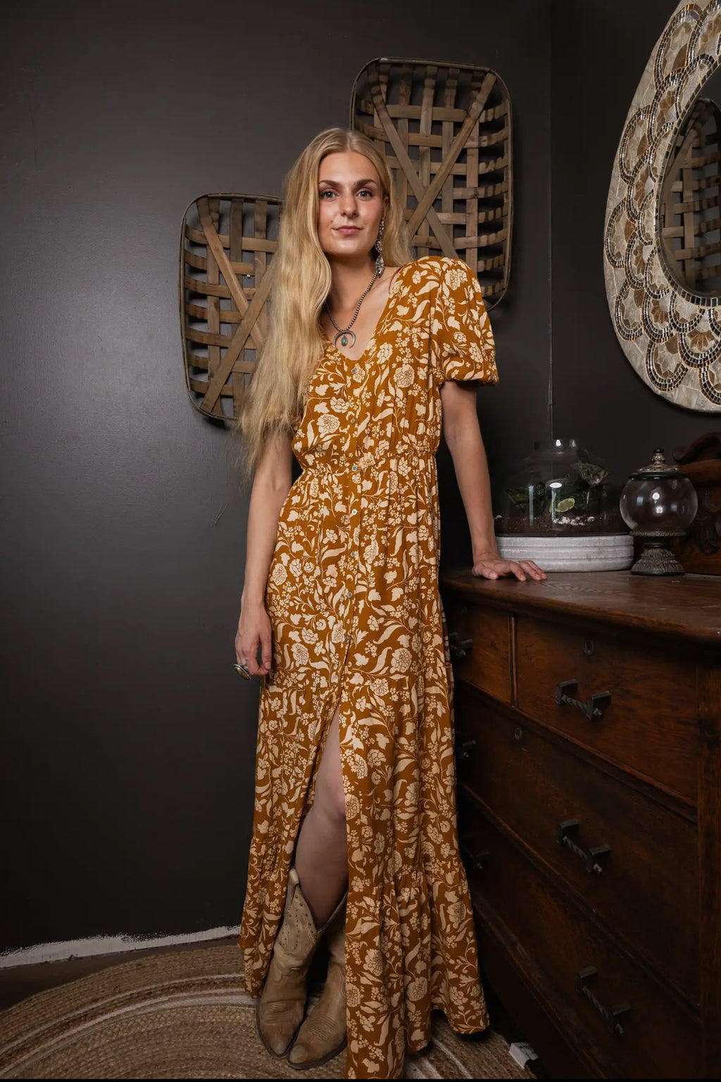Golden yellow floral print maxi dress with poofy short sleeves, elastic waist and v neckline