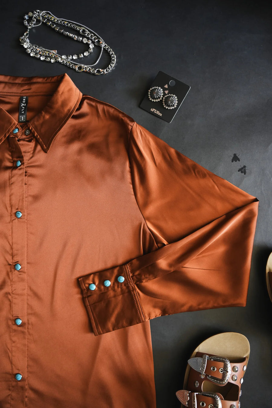 Satin Button Up (Saddle)