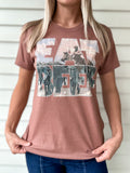Clay colored t shirt with EAT BEEF text and cowboy graphic