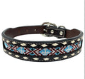 A leather dog collar with geometric beadwork in blue, brown, and beige colors.