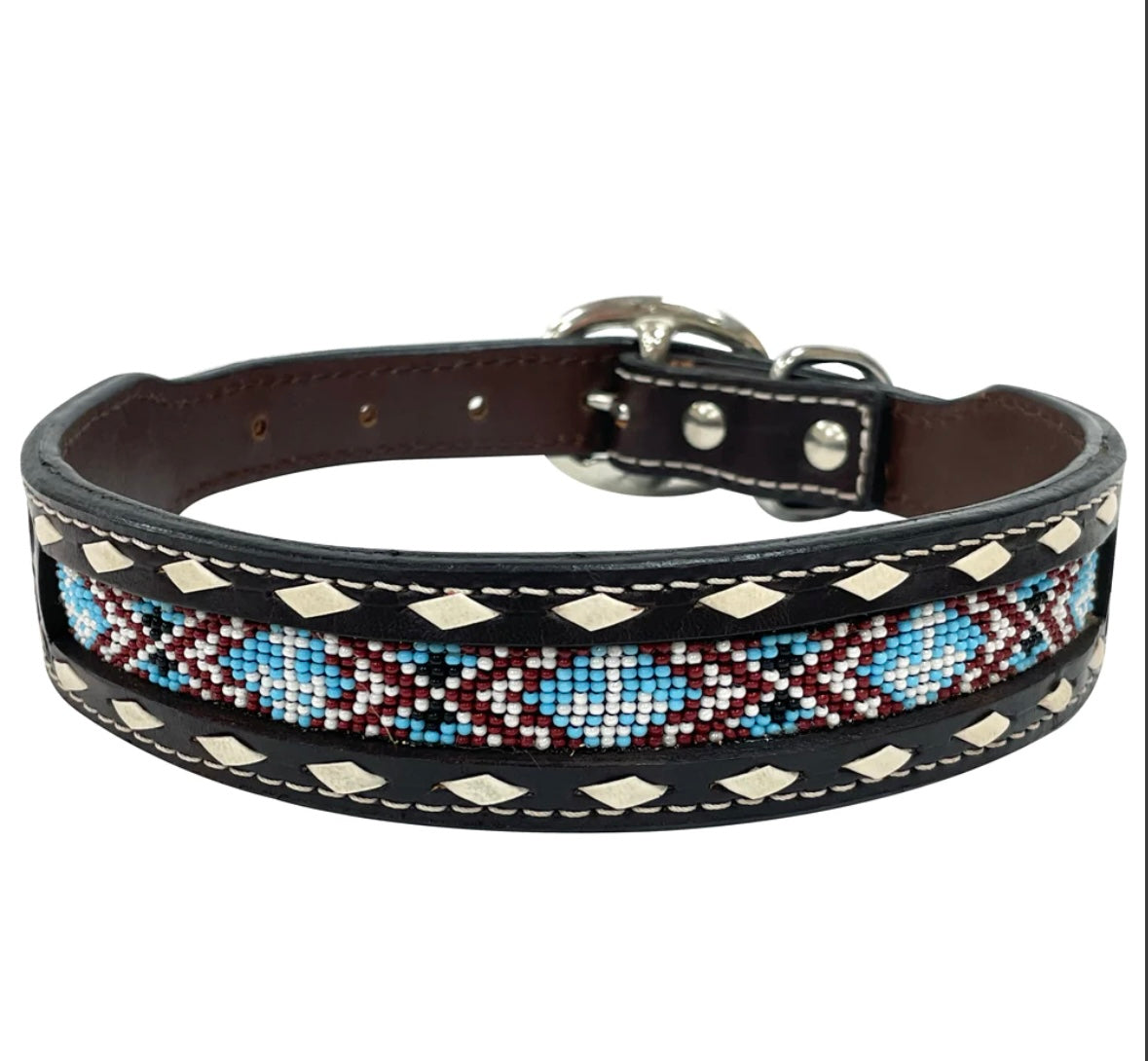 A leather dog collar with geometric beadwork in blue, brown, and beige colors.