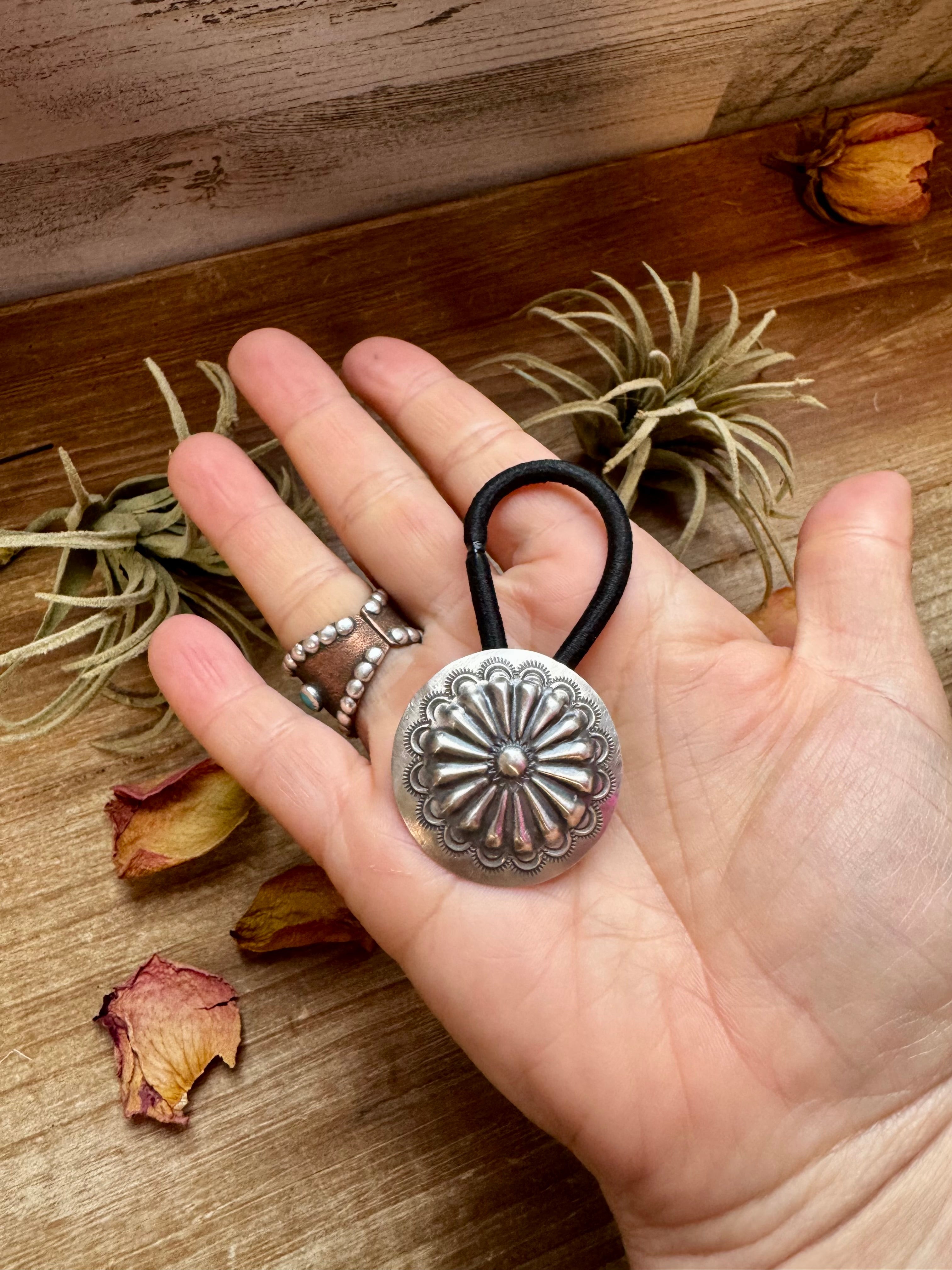 Sterling Silver Hair Tie – Stamped Concho Detail