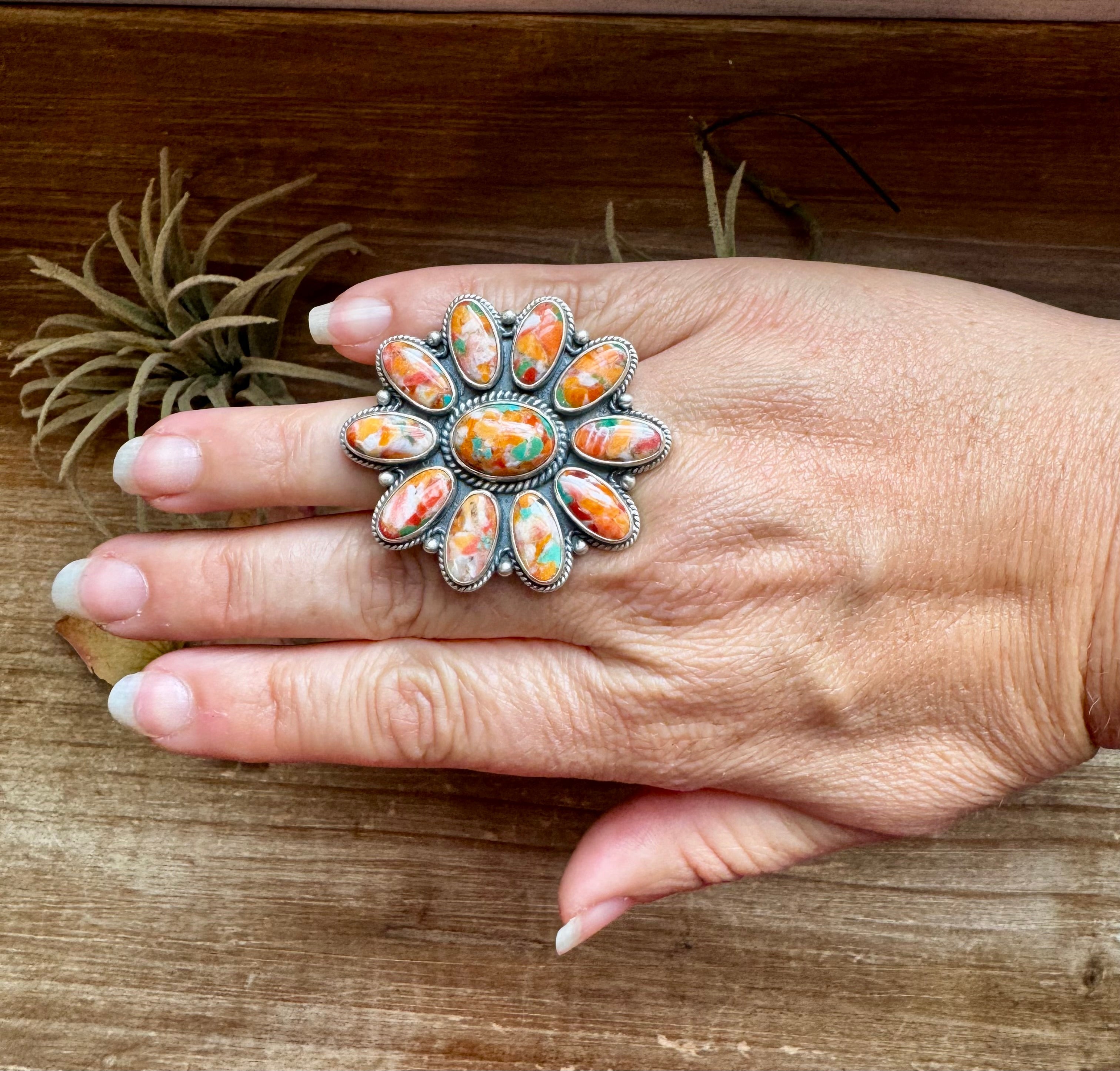 Mojave Spiny & Turquoise Flower Adjustable Ring – Sterling Silver, Made in USA