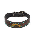 A brown leather dog collar with a painted floral design and blue accents.