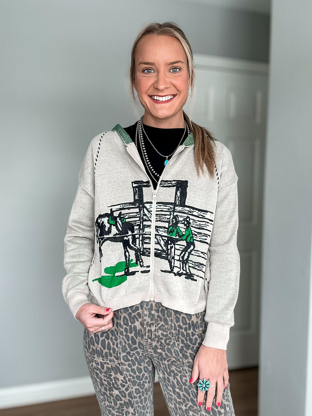 Western graphic zip up hooded jacket
