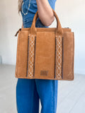Genuine suede leather tote bag with zipper closures and decorative stitching.