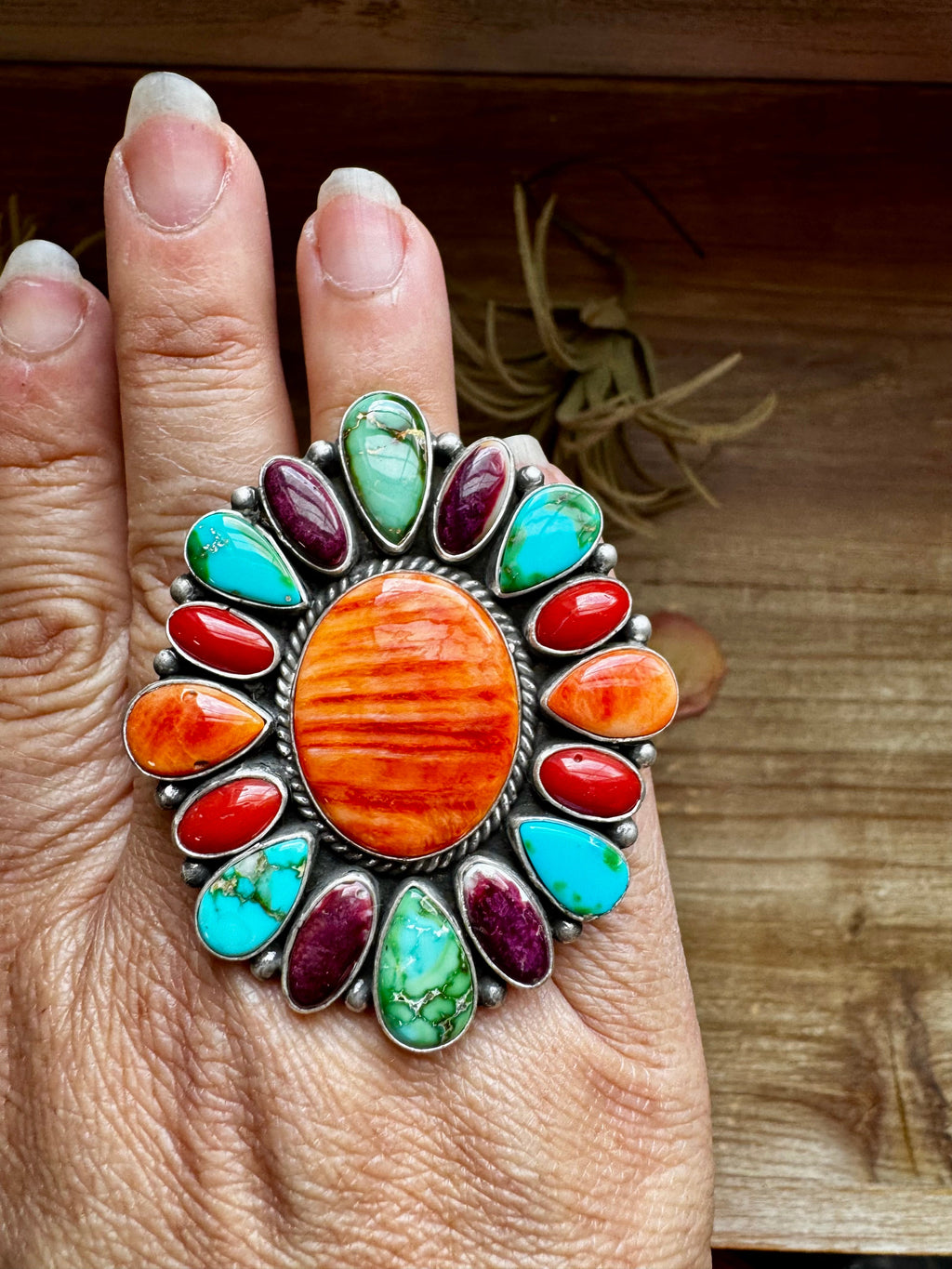Adjustable Cluster Ring – Spiny Oyster & Sonoran Gold by E. Richards, Native Made
