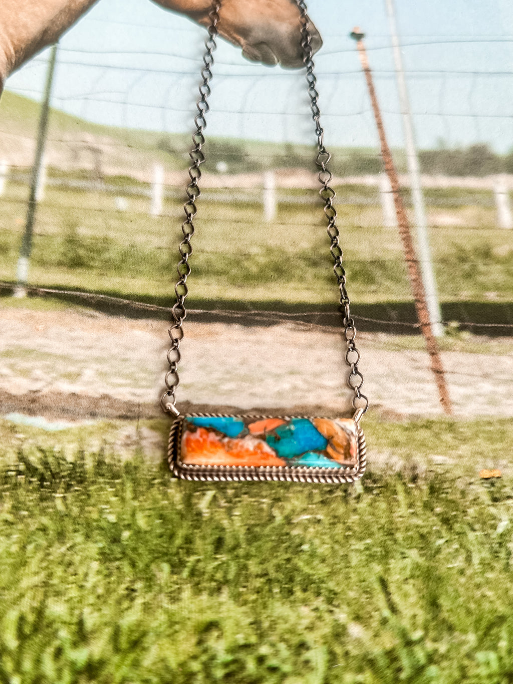 Navajo Handmade Spiny Turquoise Bar Chain Necklace