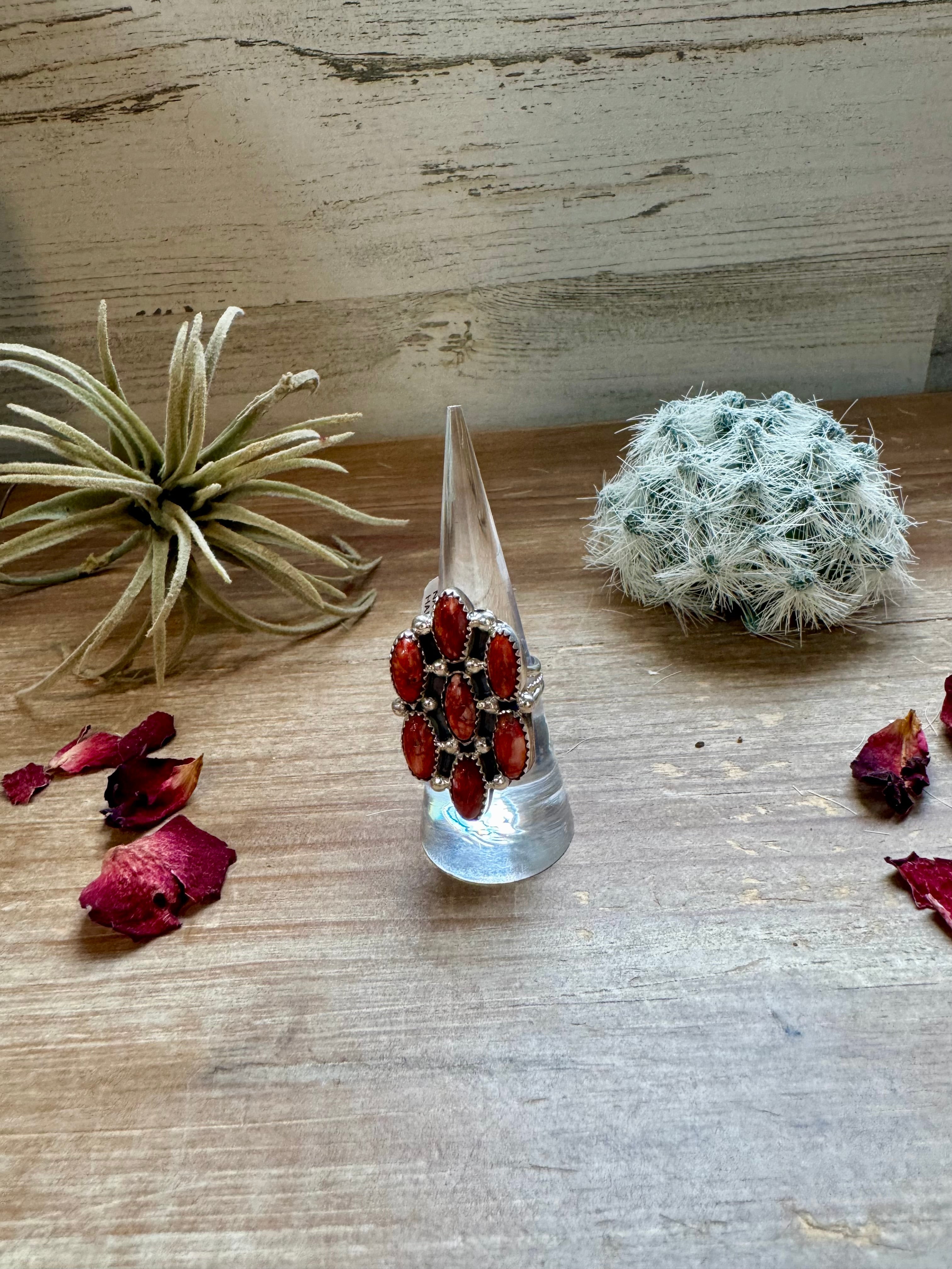 Cluster - size 8 - red spiny and sterling silver
